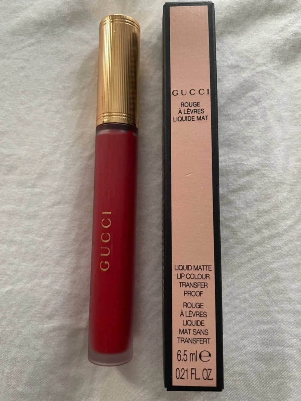 Gucci Matte Liquid Lipstick in Goldie Red 25* with Gold Cap
